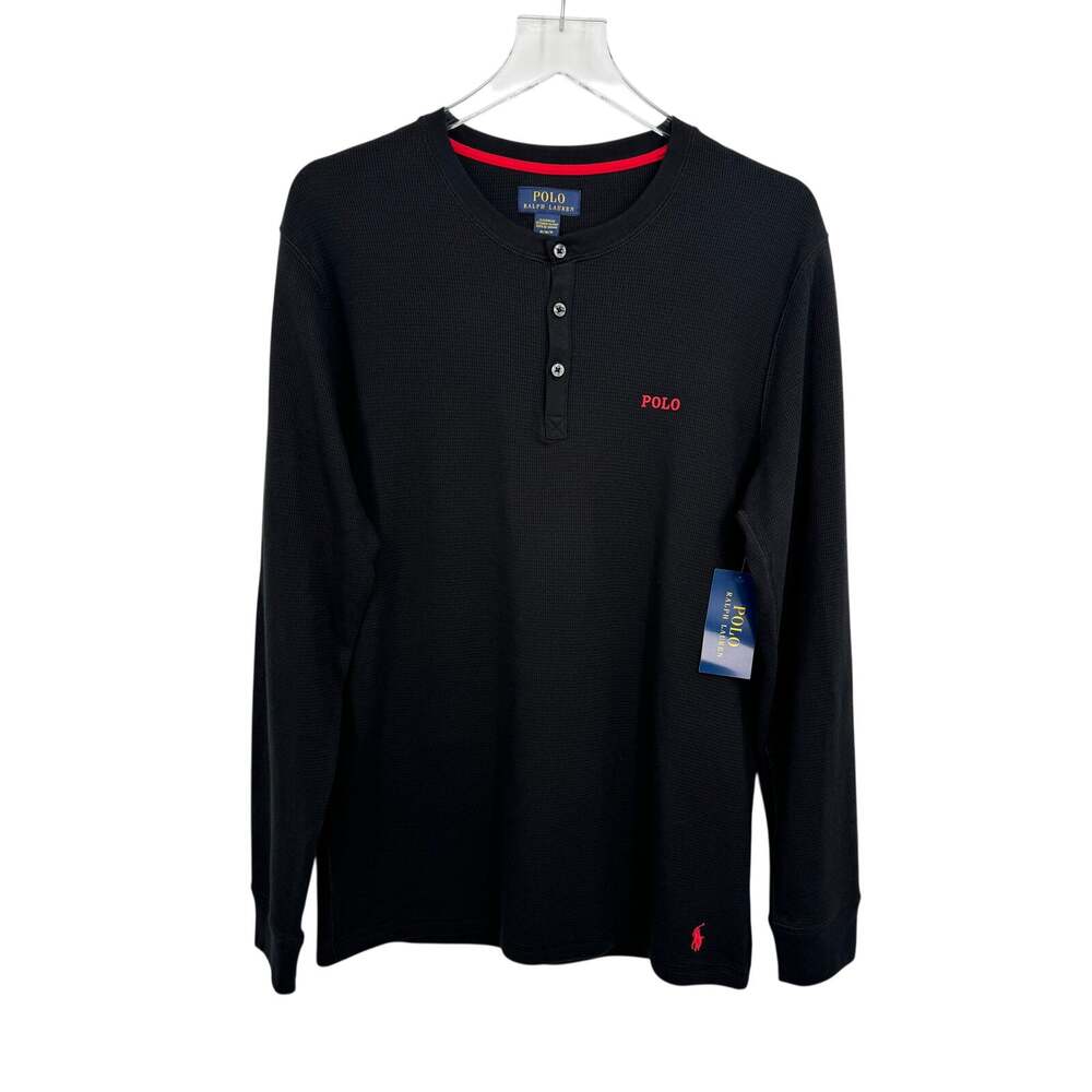 Polo Ralph Lauren shirt men's M crew henley thermal waffle knit logo black NEW